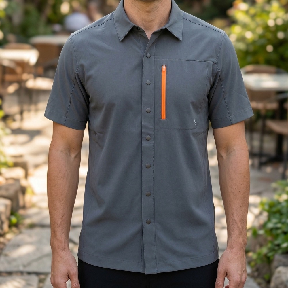 Stoic Mens Short‎ Sleeve Snap Front Hiking Shirt Gray Orange Zip Pocket RN120611